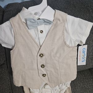 Carter's Beige Vest and Blue Striped Bow Tie Set